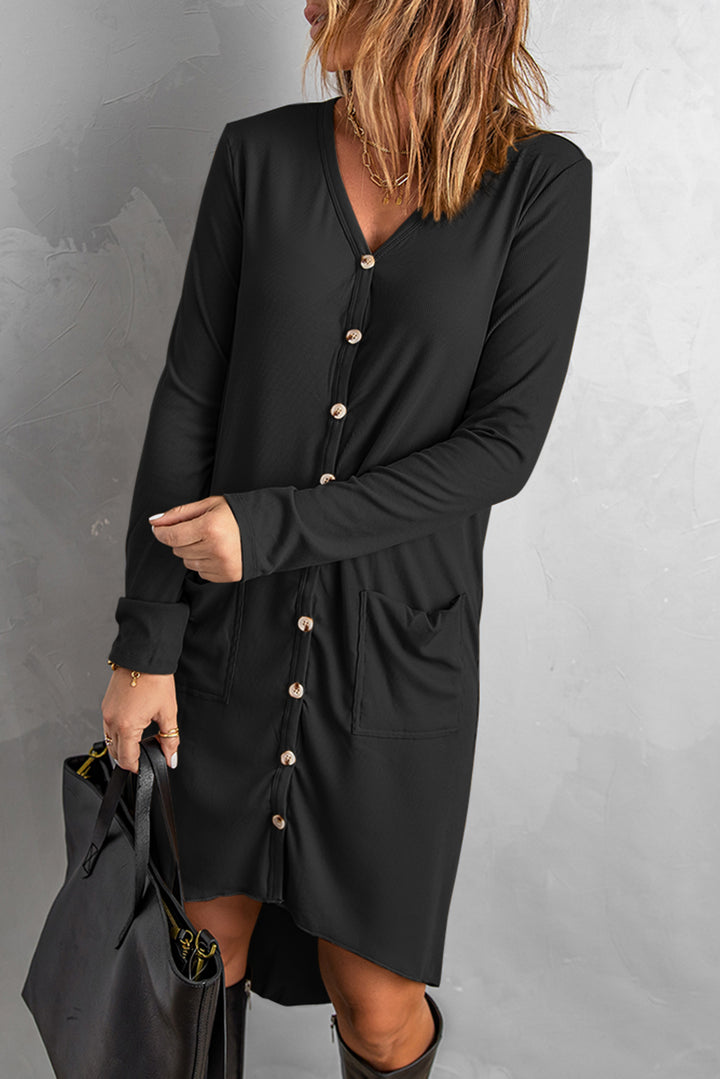 Women's Black Selected Button Down Pocketed Knit High Low Long Cardigan
