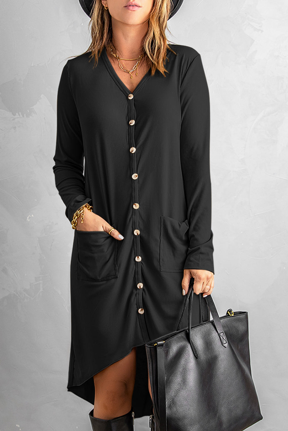 Women's Black Selected Button Down Pocketed Knit High Low Long Cardigan