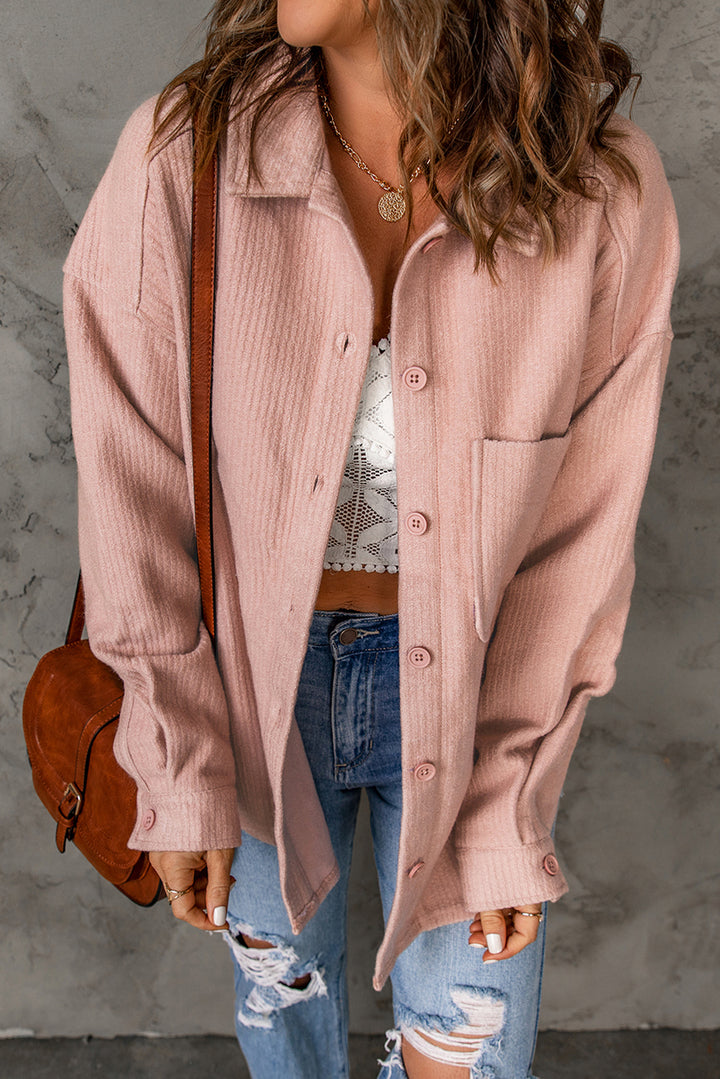 Casual Pink Rib Textured Fleece Shacket