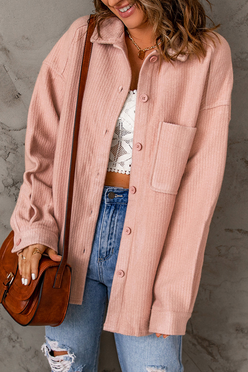Casual Pink Rib Textured Fleece Shacket