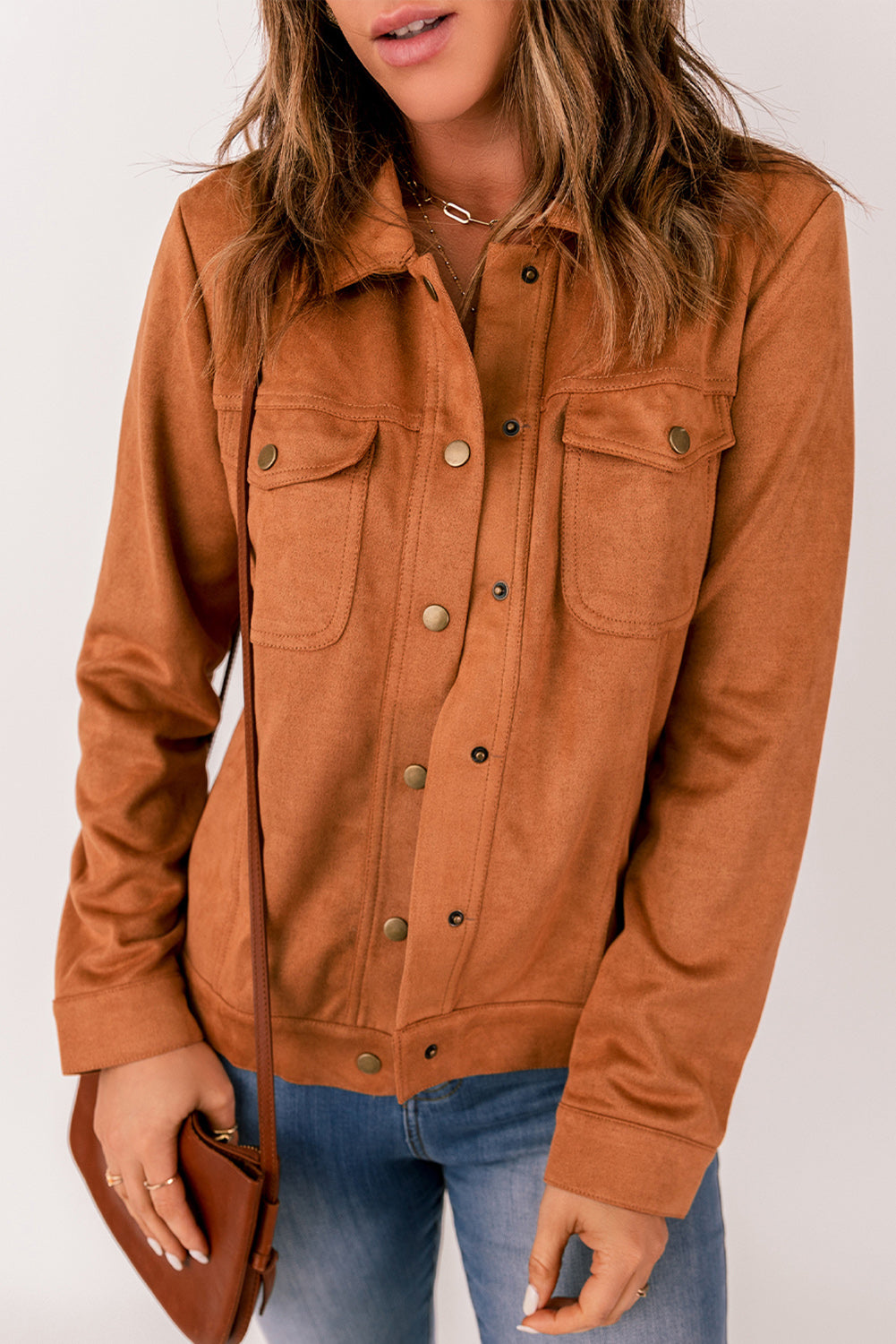 Womens Brown Snap Button Flap Pocket Suede Jacket
