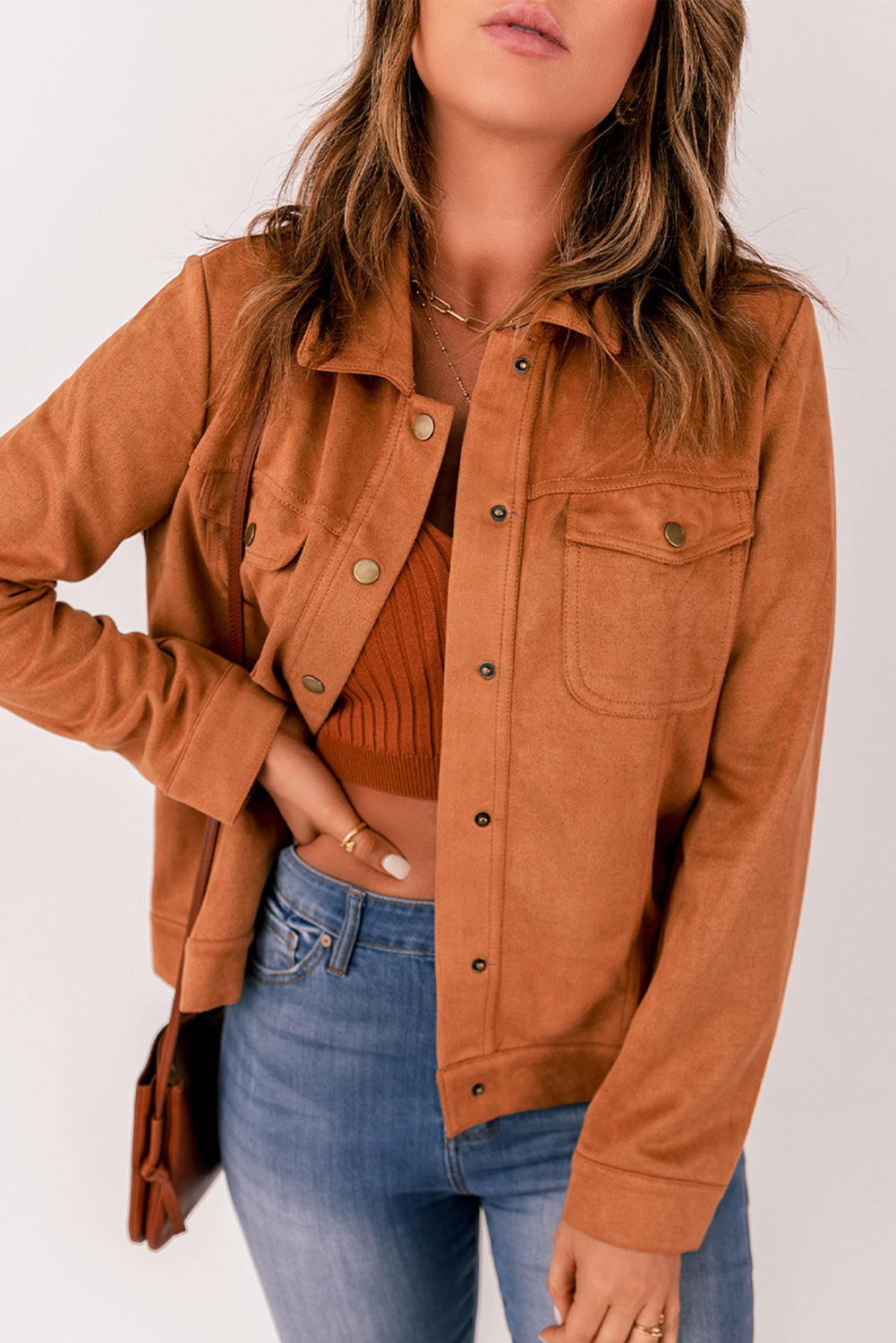 Womens Brown Snap Button Flap Pocket Suede Jacket