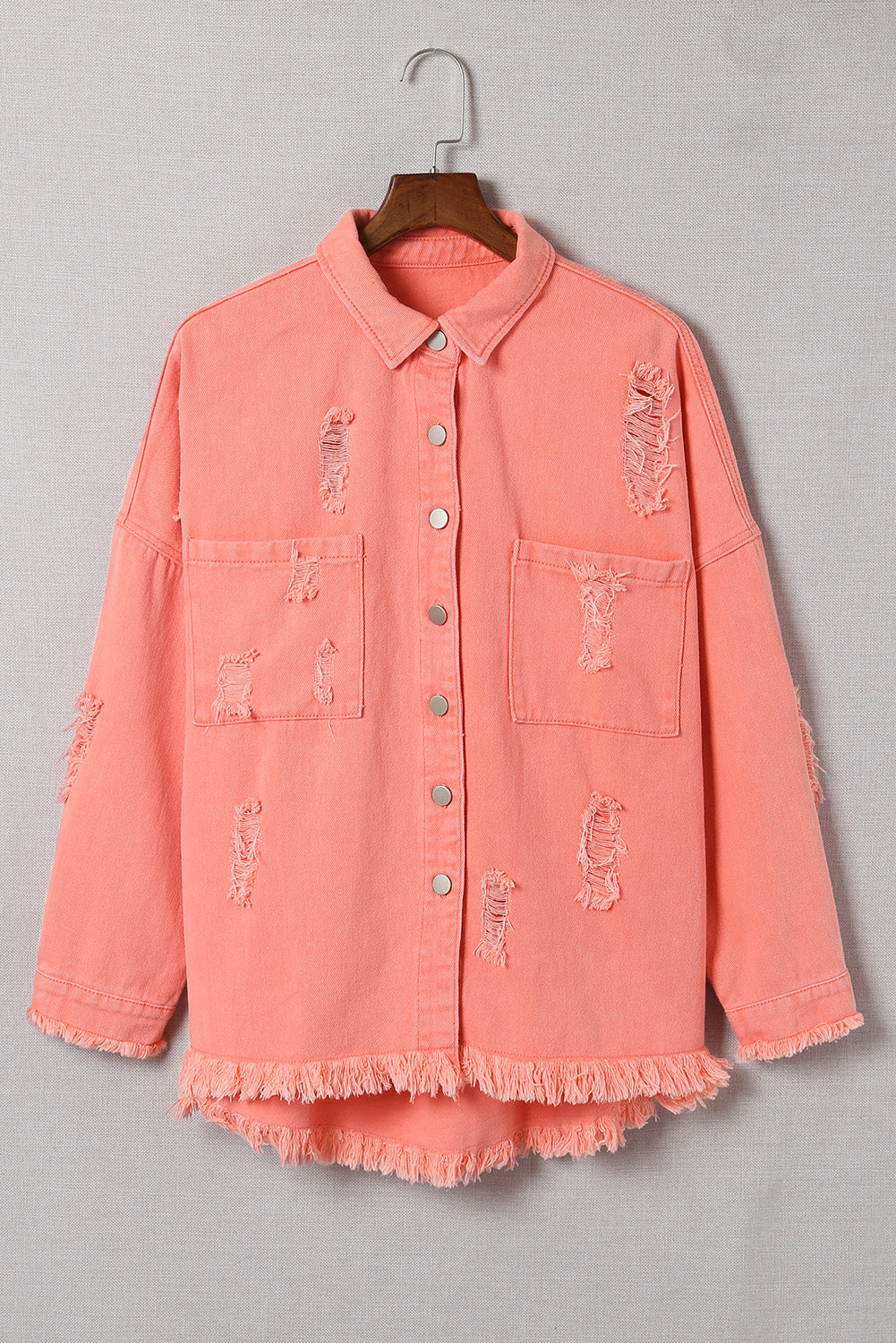Fashion Orange Distressed Fringe Trim Denim Jacket