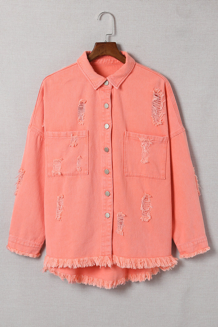Fashion Orange Distressed Fringe Trim Denim Jacket