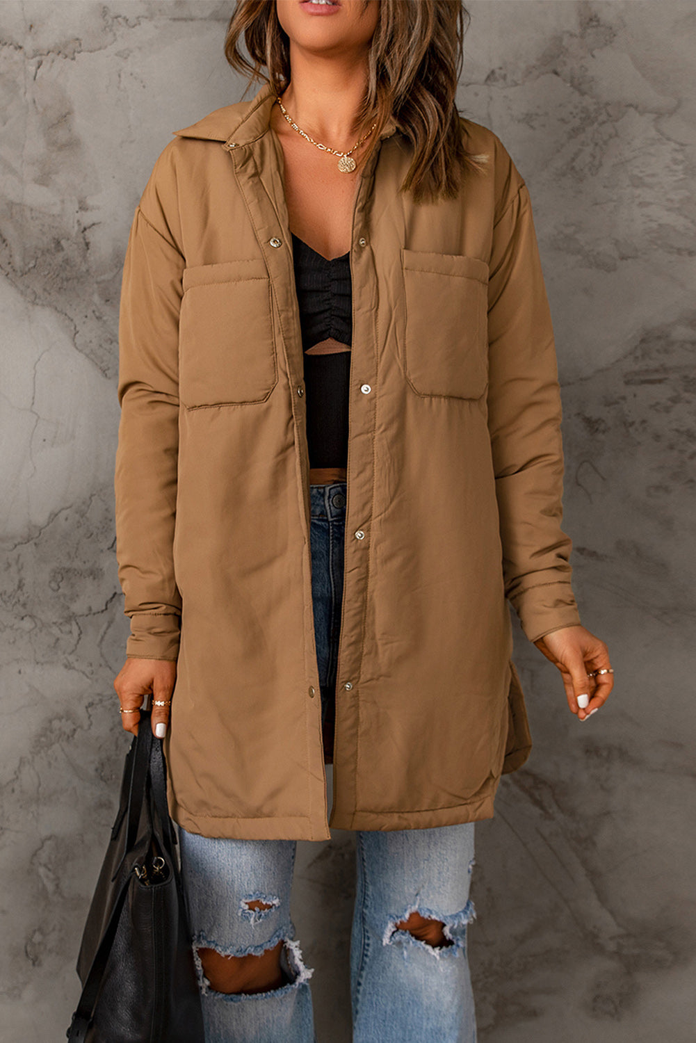 Womens Winter Brown Button Down Padded Jacket with Pockets