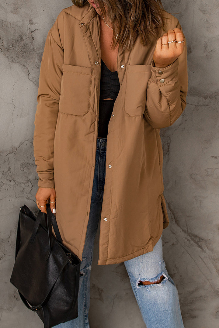 Womens Winter Brown Button Down Padded Jacket with Pockets