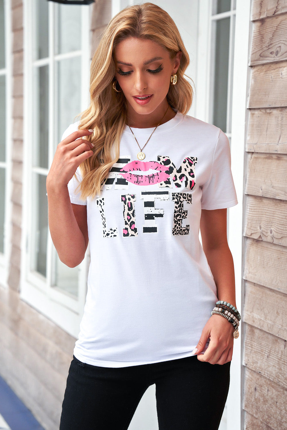 Leopard Mom Life Lips Shor Sleeve White T-Shirt