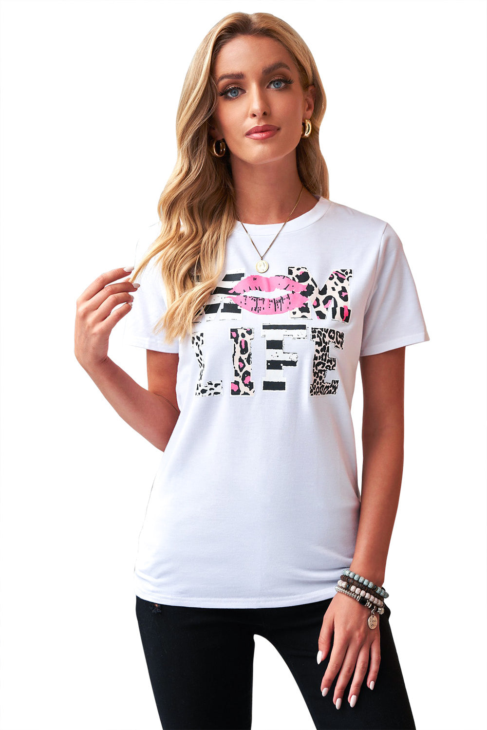 Leopard Mom Life Lips Shor Sleeve White T-Shirt