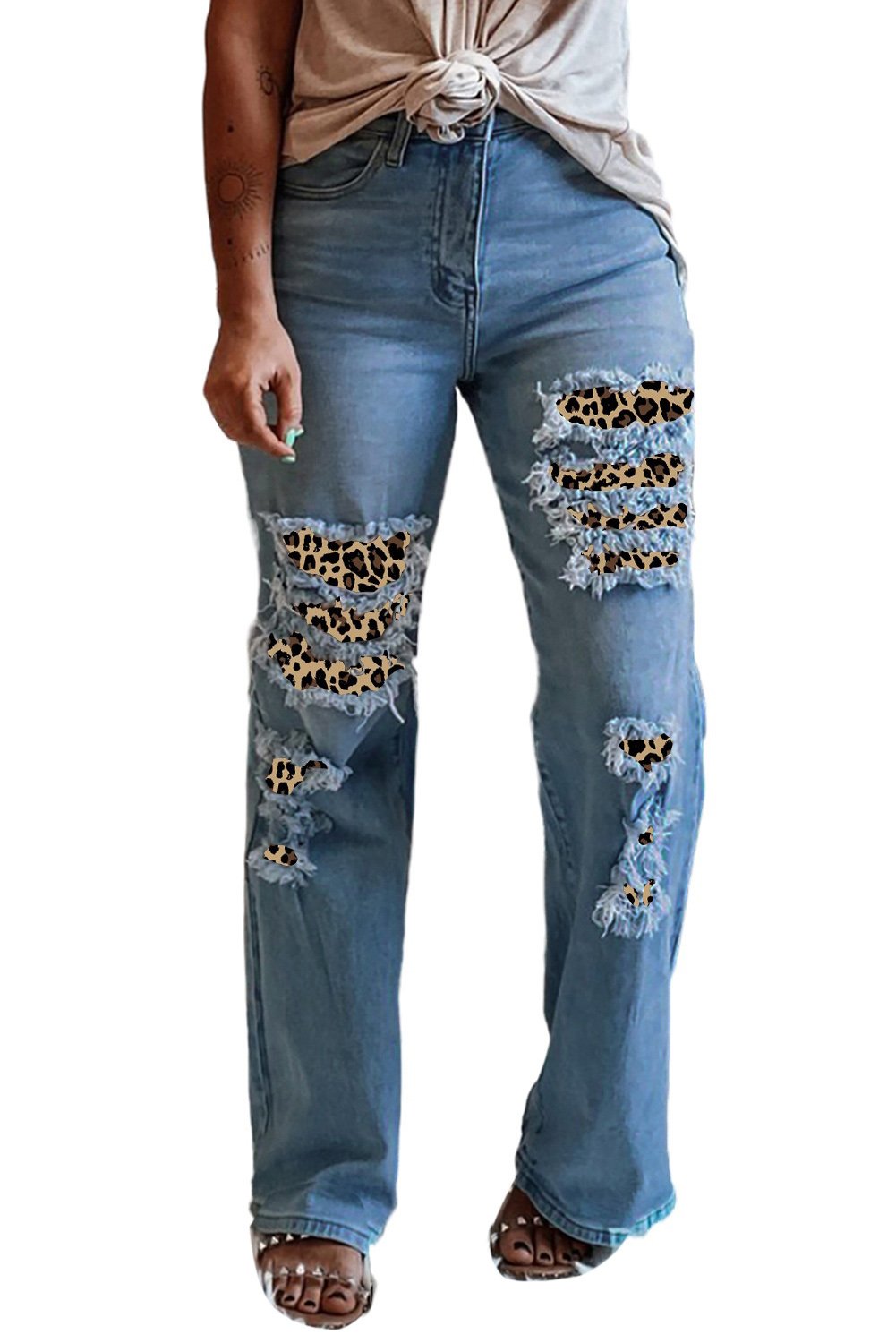 Leopard Patchwork Distressed High Waist Straight Leg Jeans