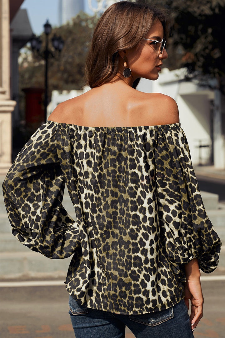 Leopard Print Long Sleeve Elastic Neck Off Shoulder Top