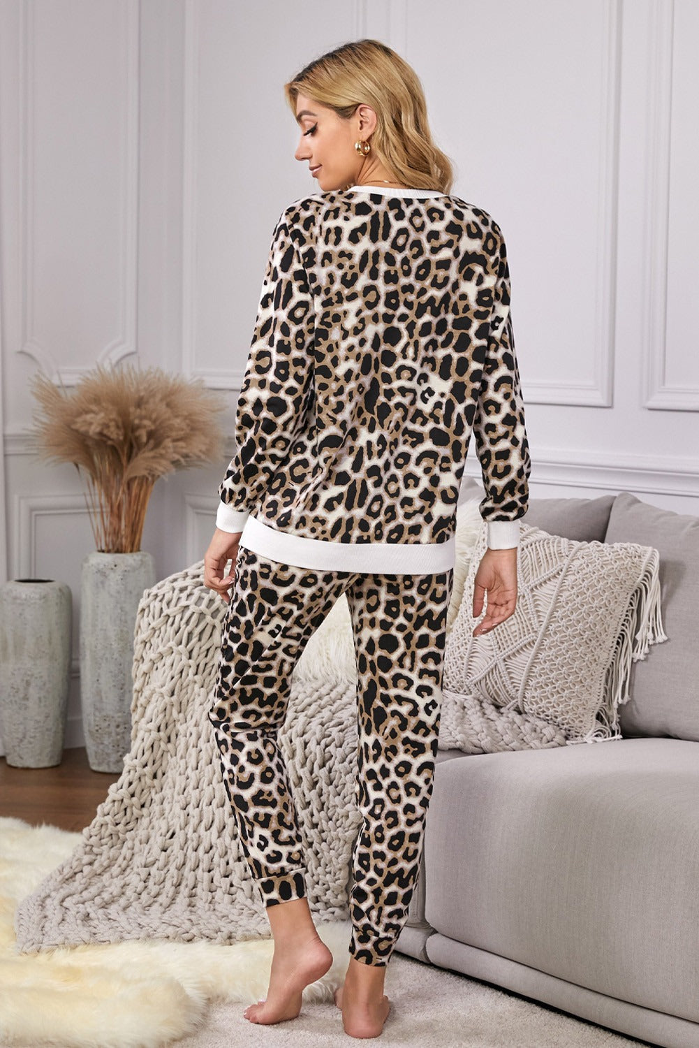Leopard Print Long Sleeve Pant Loungewear Set