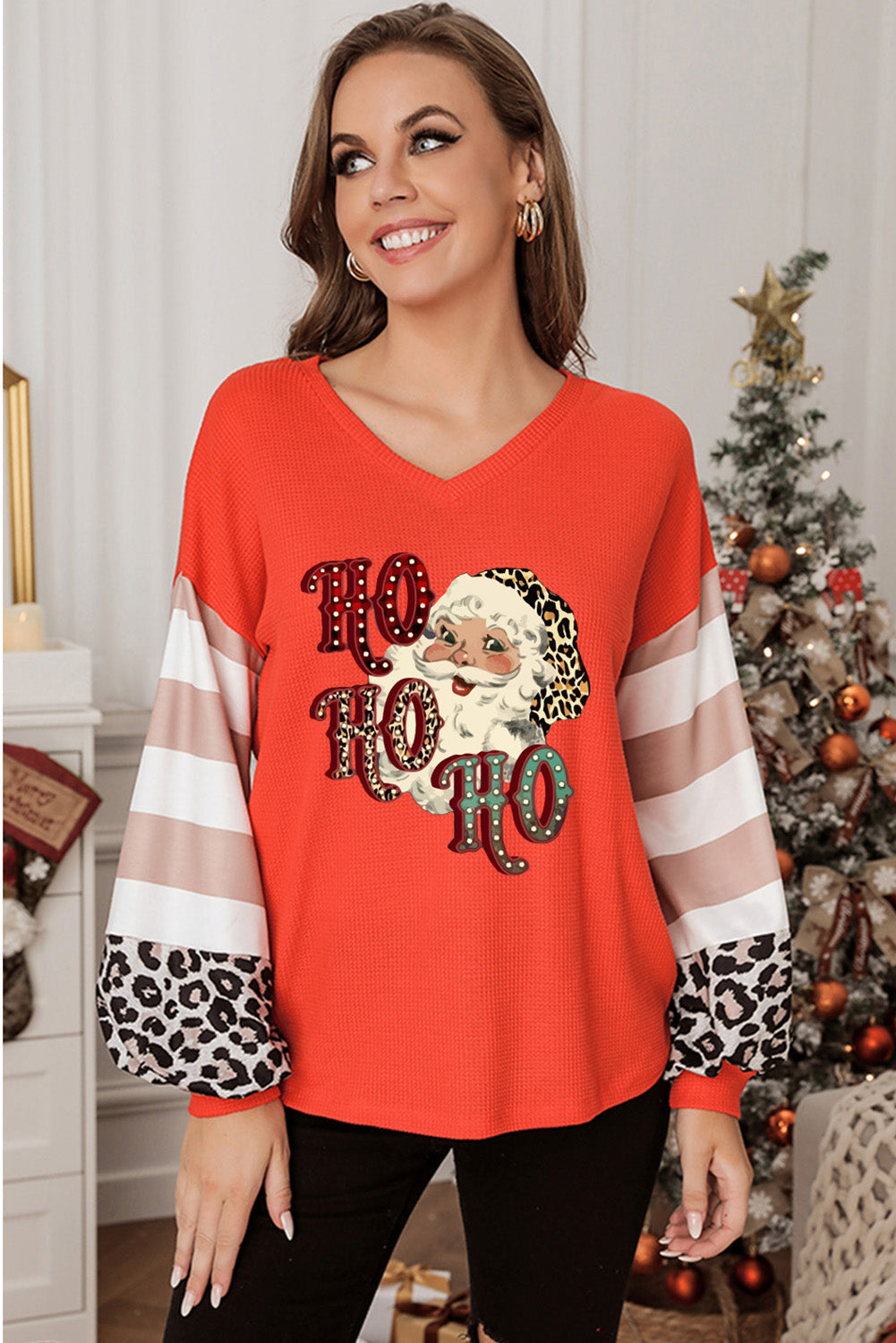 Letter Christmas Graphic Print Waffle Knit Top