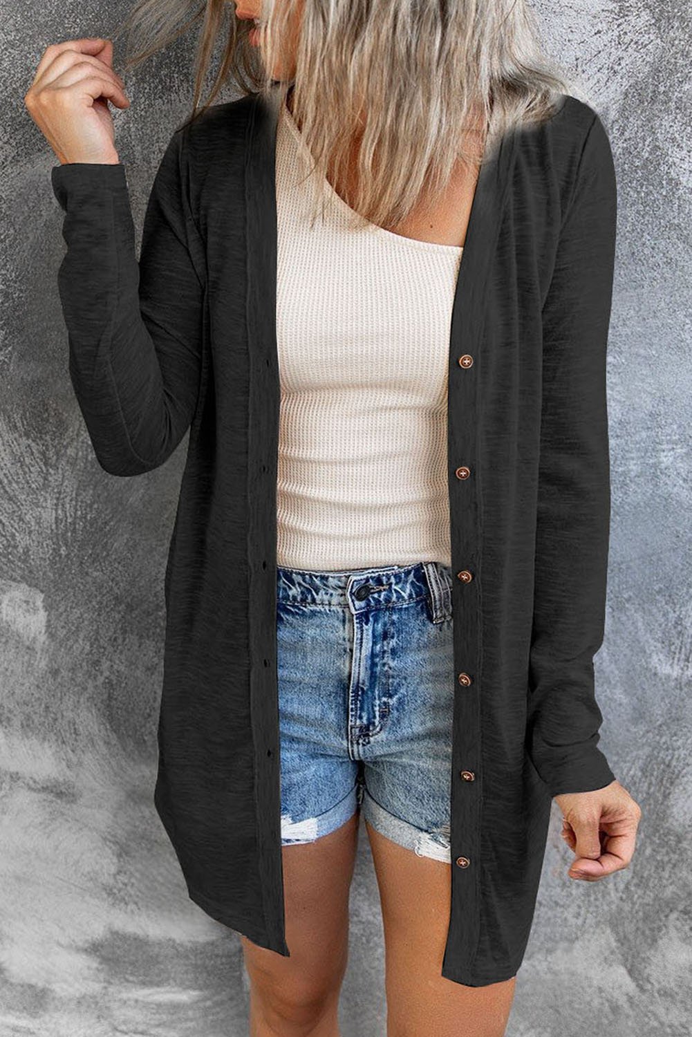 Lightweight Black Solid Color Open-Front Buttons Cardigan