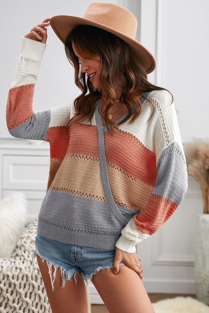 Lightweight Gray Color Block Deep V Neck Wrap Sweater