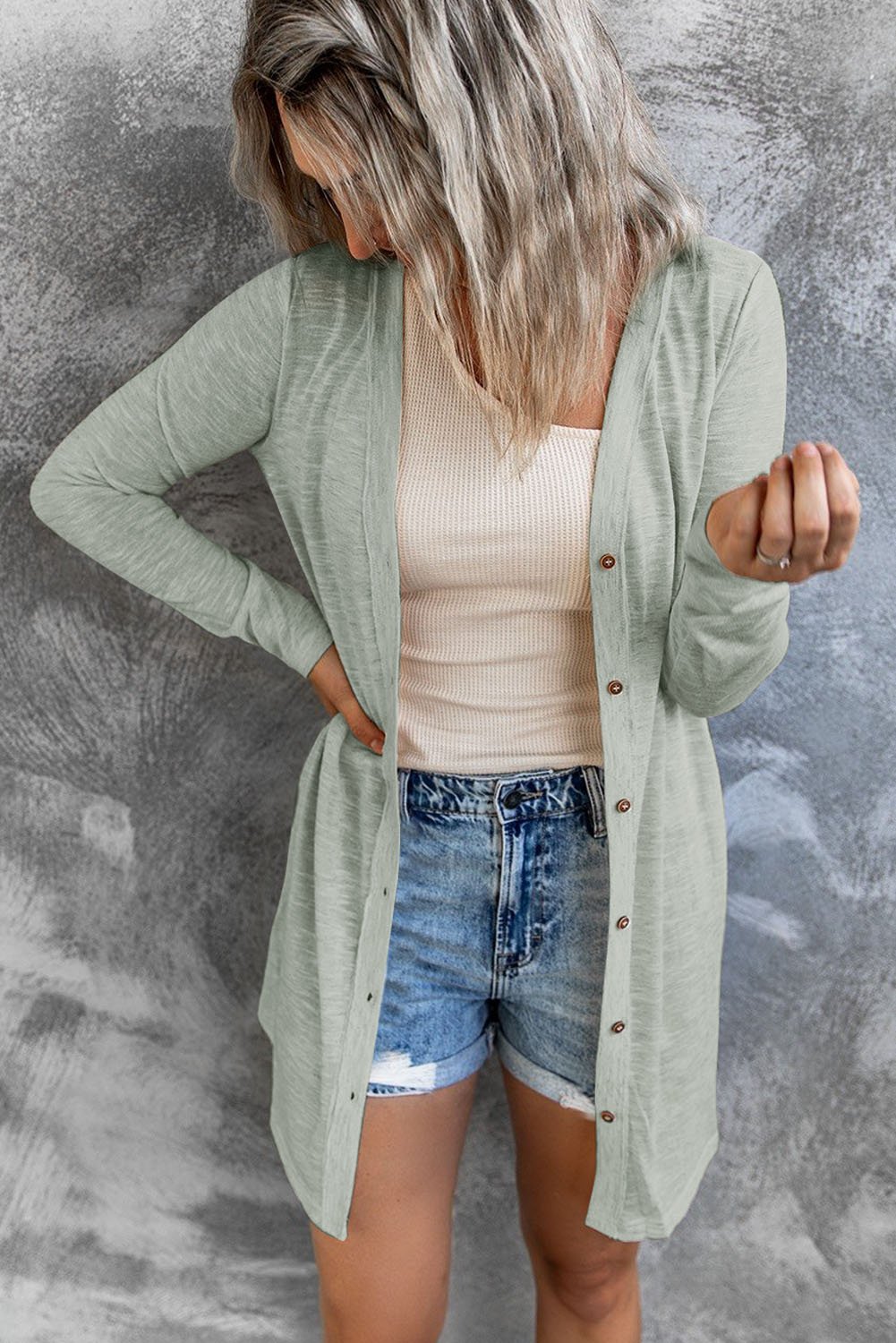 Lightweight Gray Open-Front Buttons Cardigan