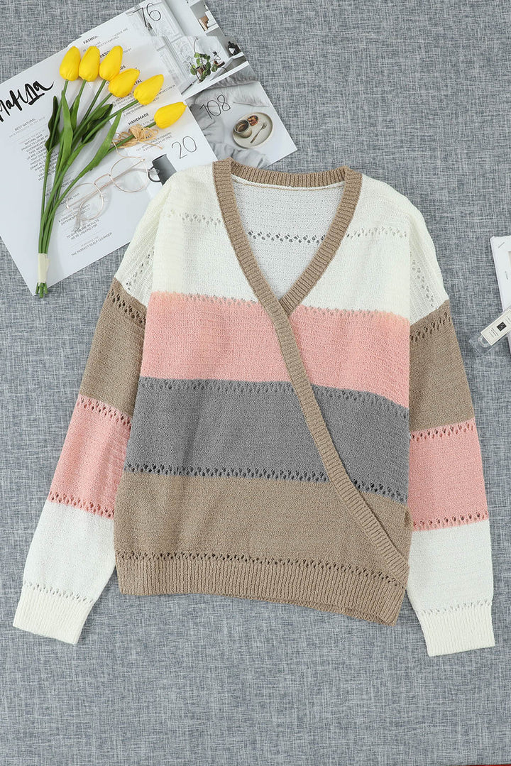 Lightweight Multicolor Color Block Deep V Neck Wrap Sweater