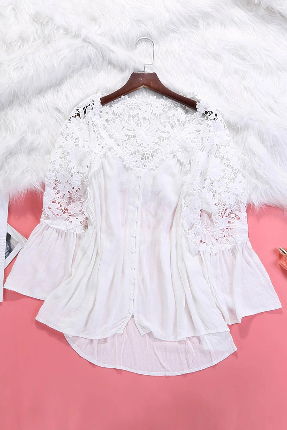 Long Sleeve Button Chic White Crochet Lace Top