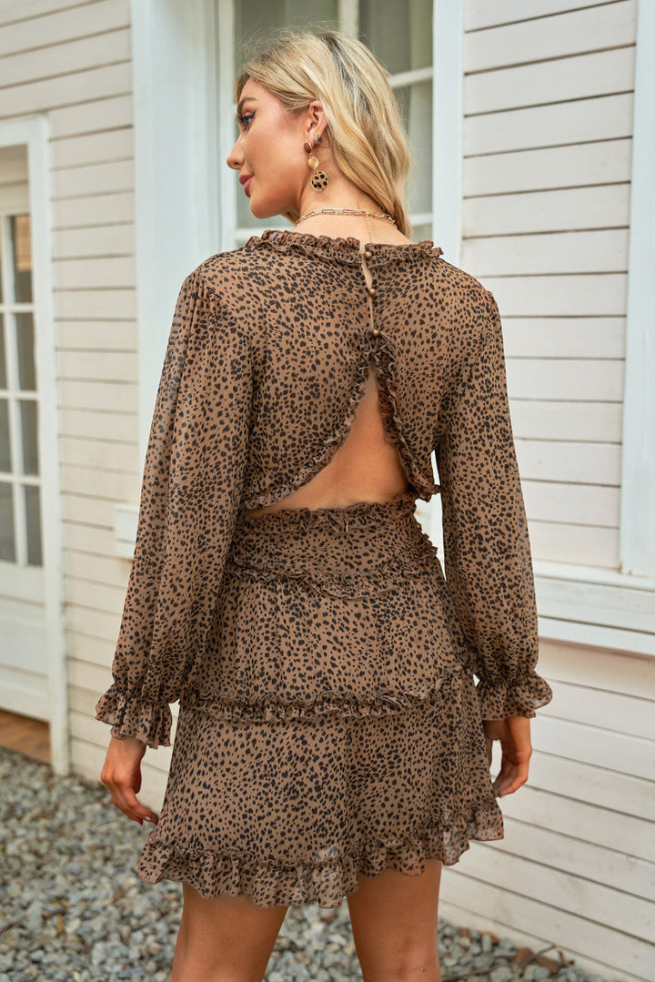 Color_Leopard | Leopard Ruffle Detailing V-neck Open Back Floral Dress