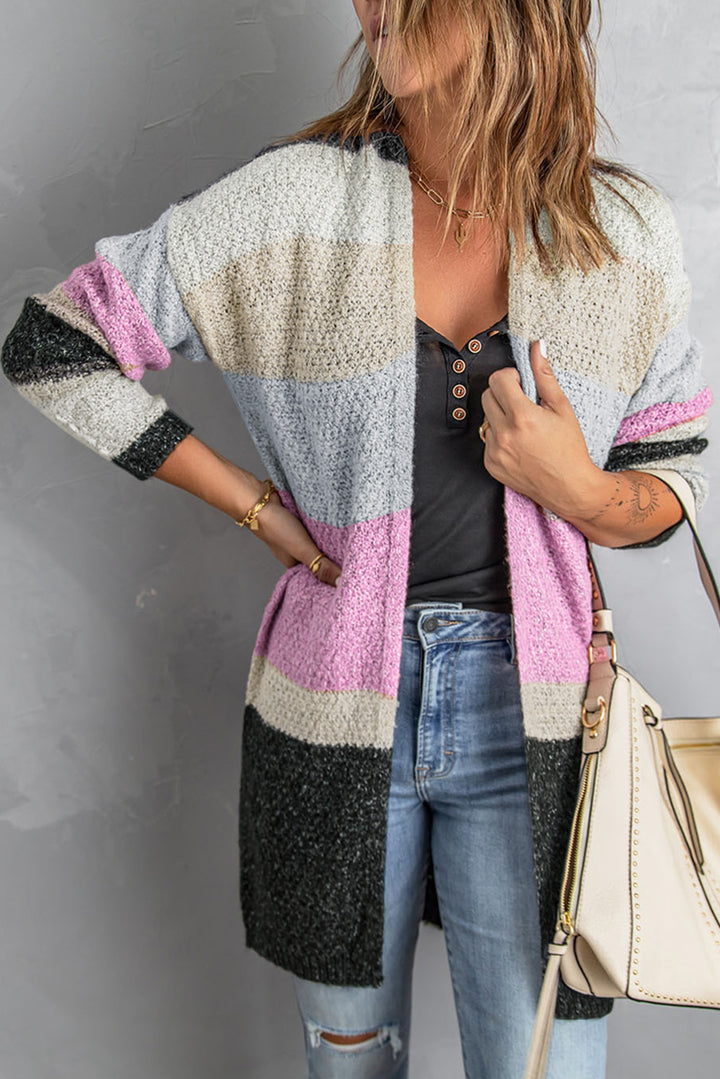 Loose Contrast Color Block Open Front Knitted Cardigan