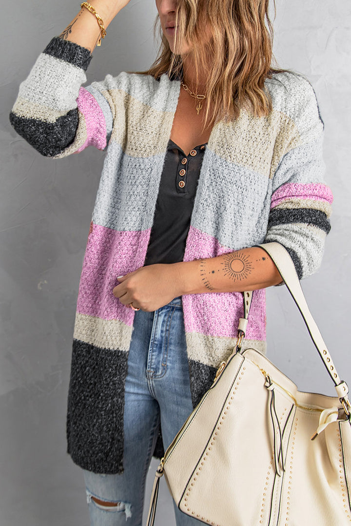 Loose Contrast Color Block Open Front Knitted Cardigan