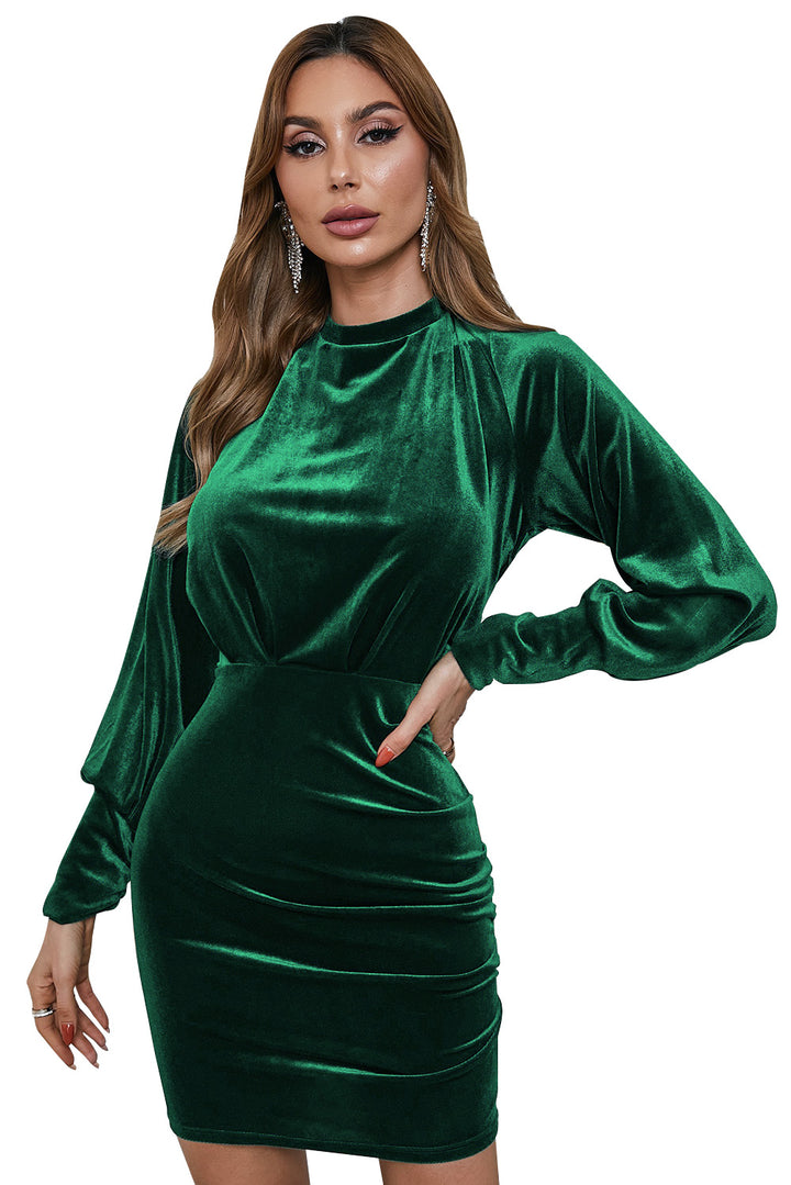 Mock Neck Long Sleeve Ruched Velvet Mini Dress with Hollow-out Back