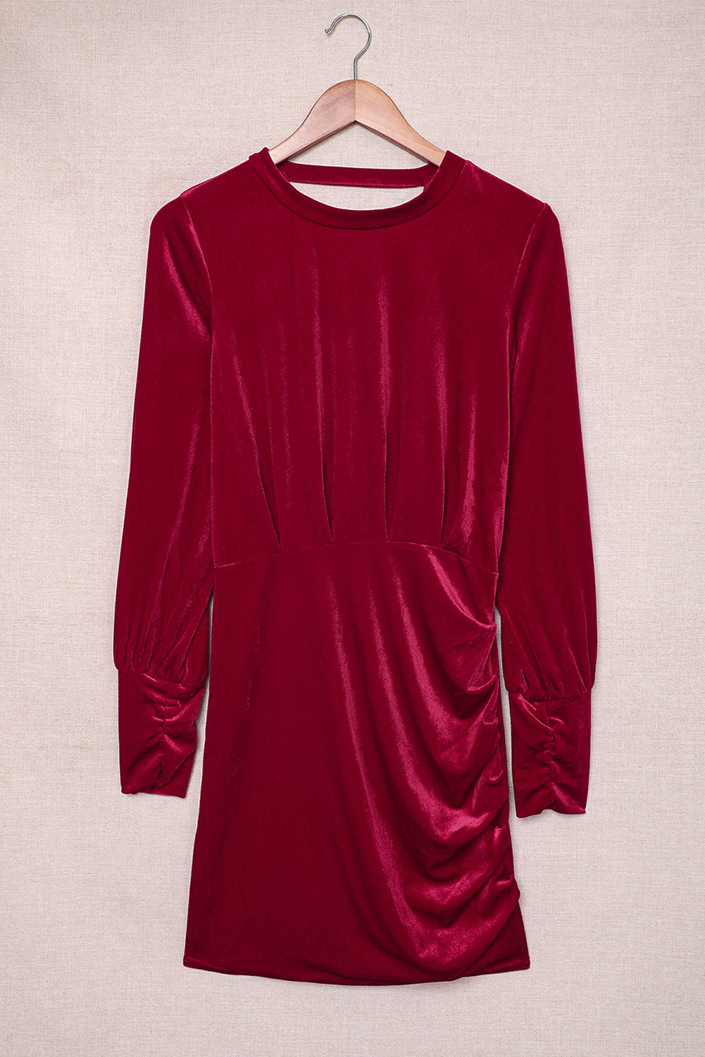 Mock Neck Long Sleeve Ruched Velvet Mini Dress with Hollow-out Back