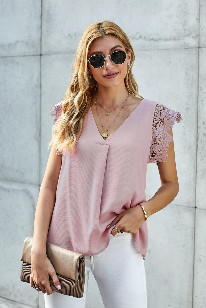 Modest Summer Sleeveless V Neck Pink Lace Blouse