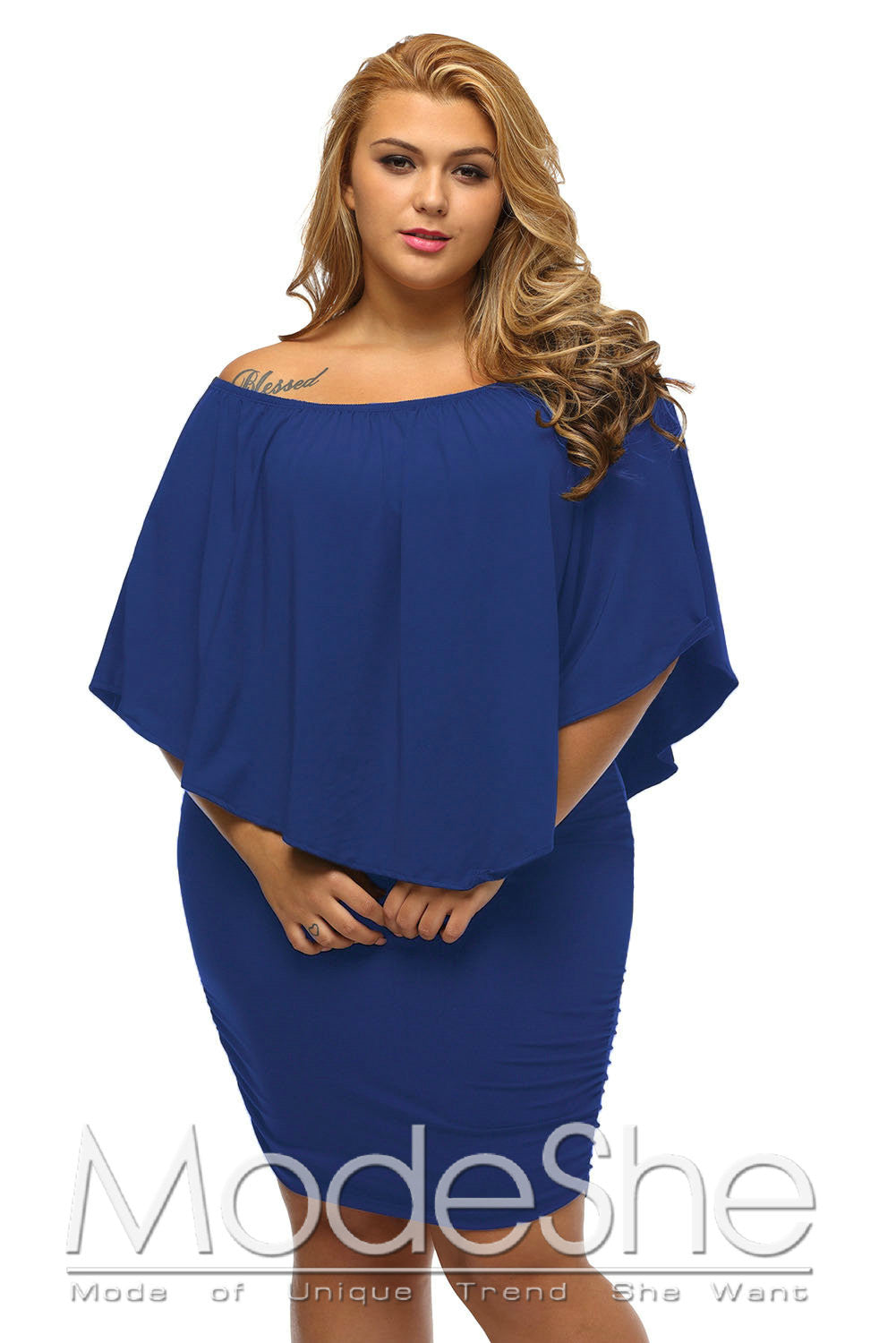 Multi-way Layered Ruffle Blue Plus Size Mini Dress