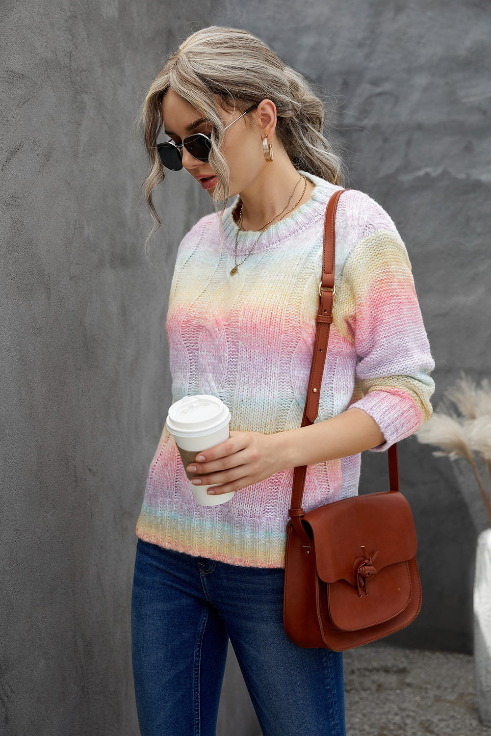 Multicolor Cable Knit Tie-dye Wool Sweater