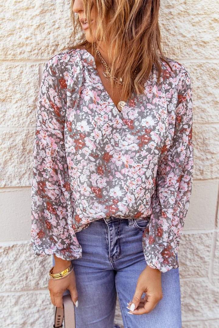 Multicolor Floral Print V Neck Long Puff Sleeve Blouse