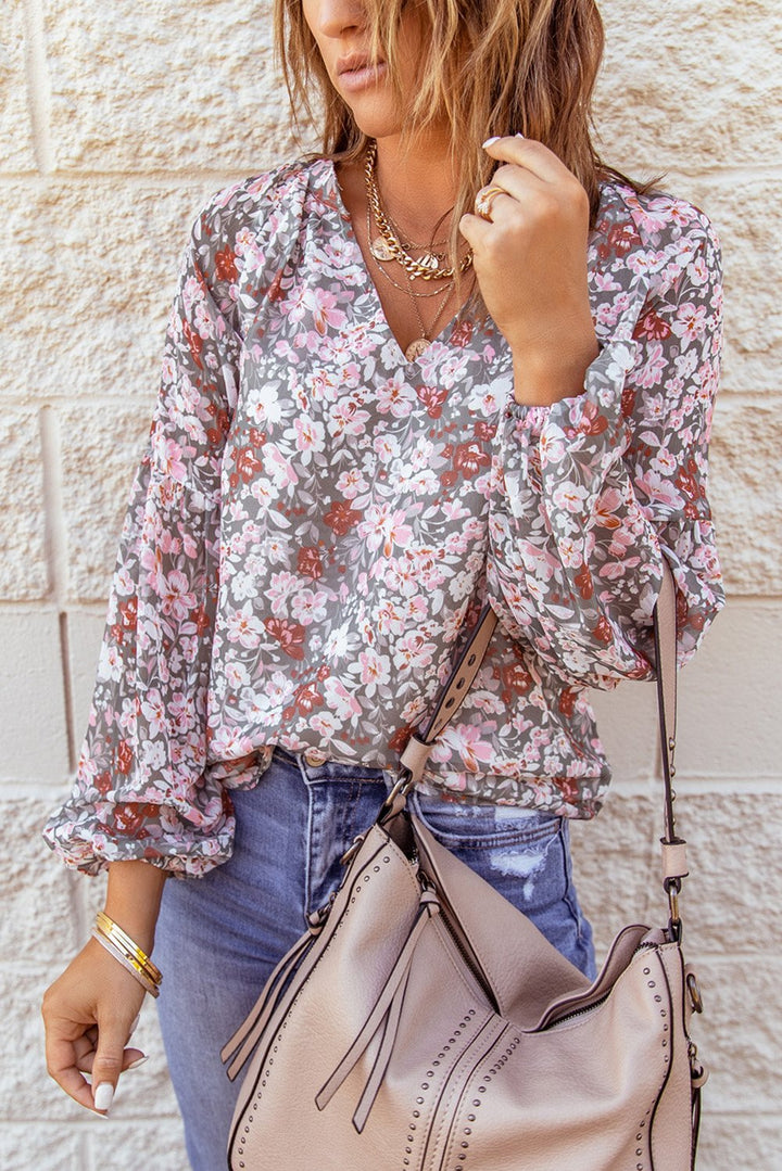 Multicolor Floral Print V Neck Long Puff Sleeve Blouse