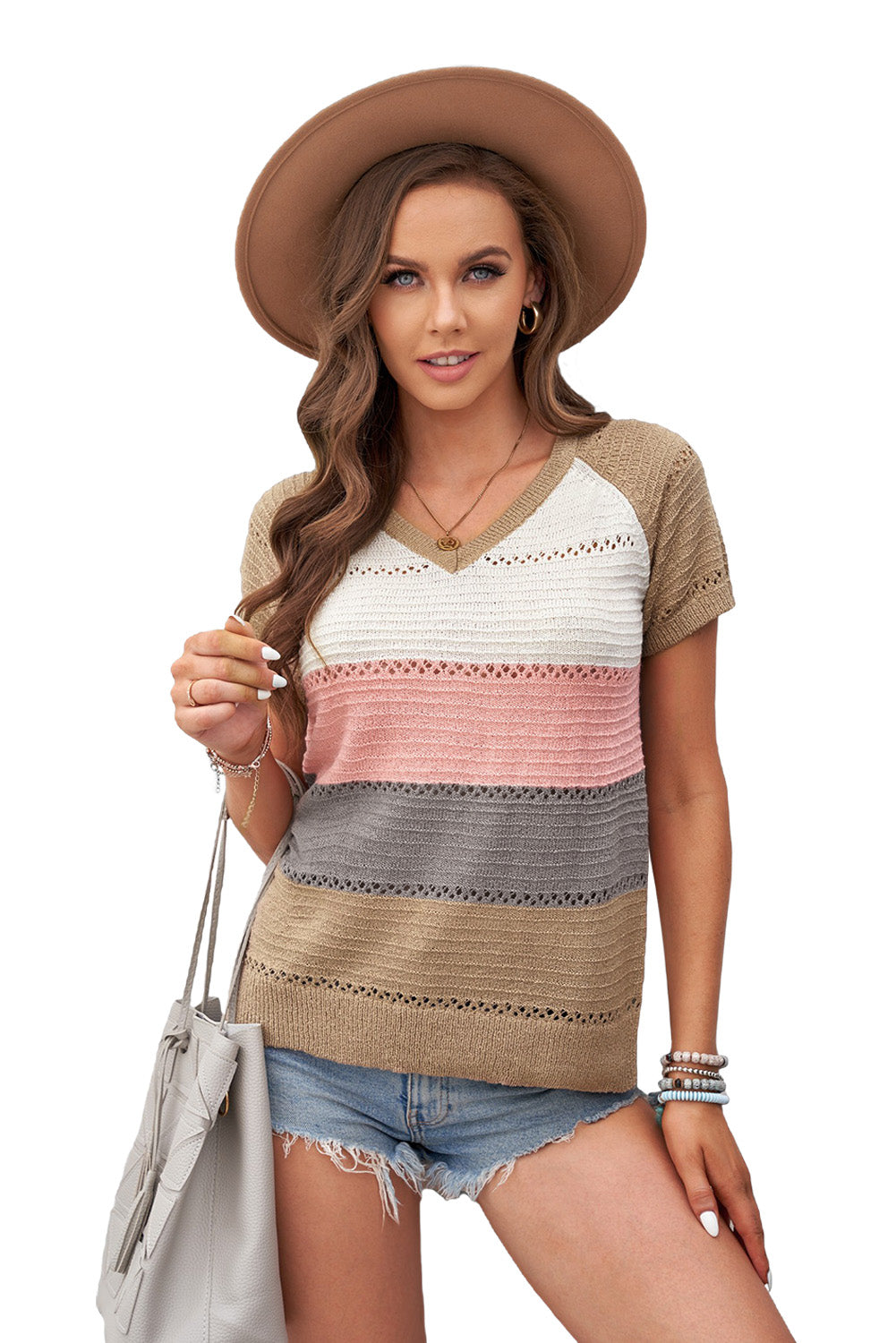 Multicolor Stripe Print V Neck Short Sleeve Knitted Top