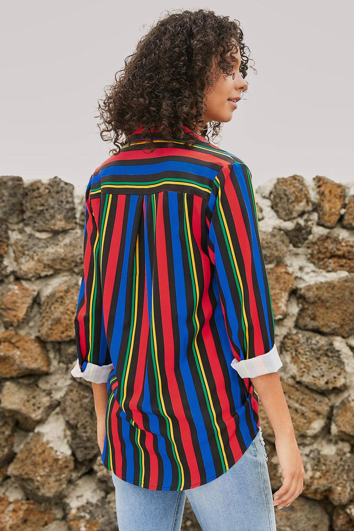 Multicolor Striped Modern Button Women Shirt