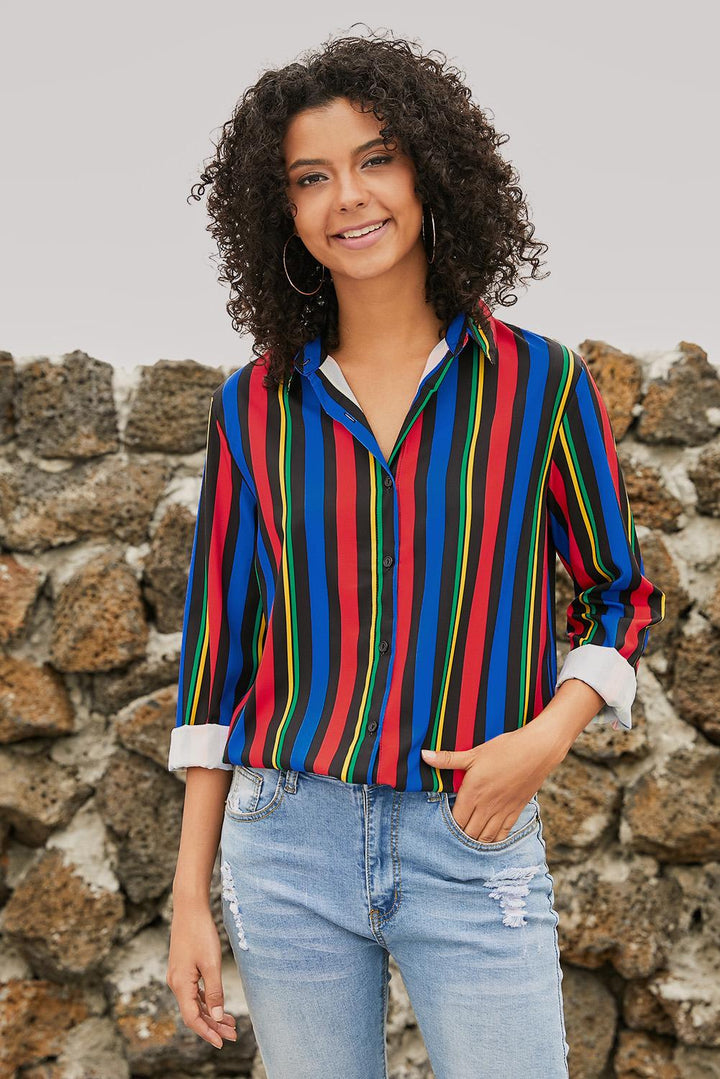 Multicolor Striped Modern Button Women Shirt