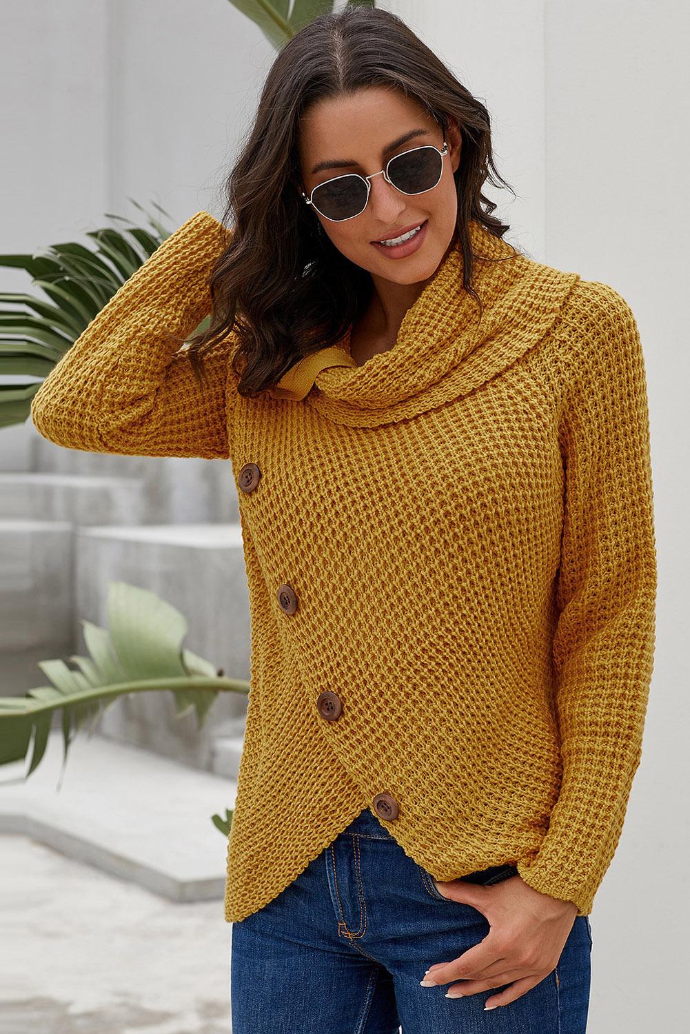 Mustard Buttoned Wrap Turtleneck Sweater