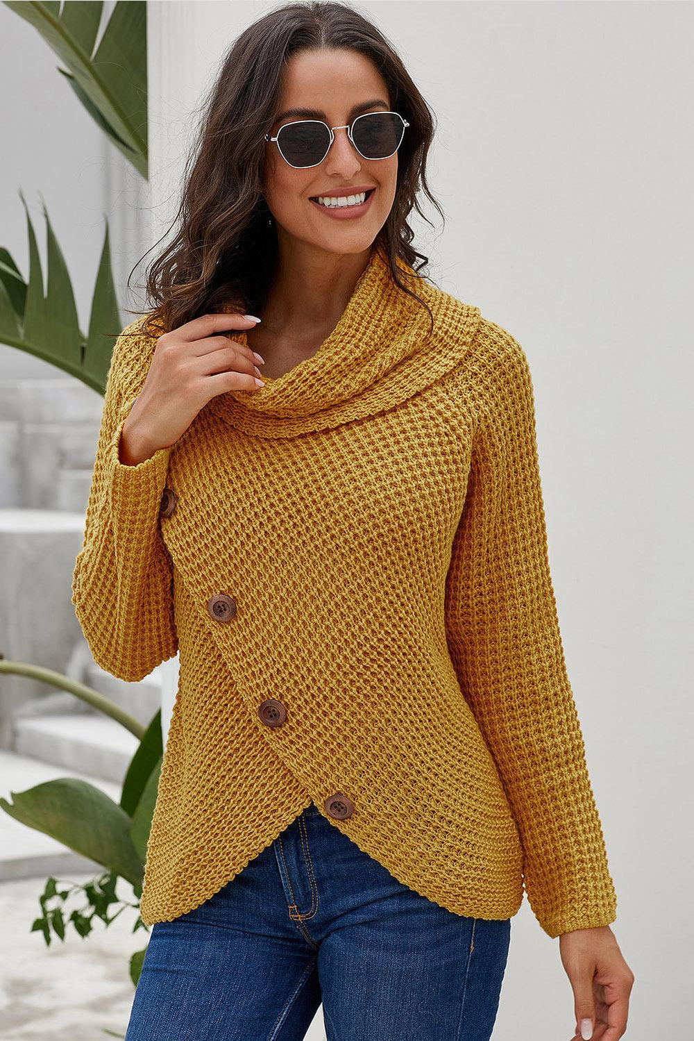 Mustard Buttoned Wrap Turtleneck Sweater