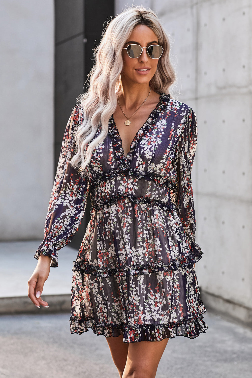 Navy Blue Ruffle Detailing Long Sleeve Open Back Floral Dress