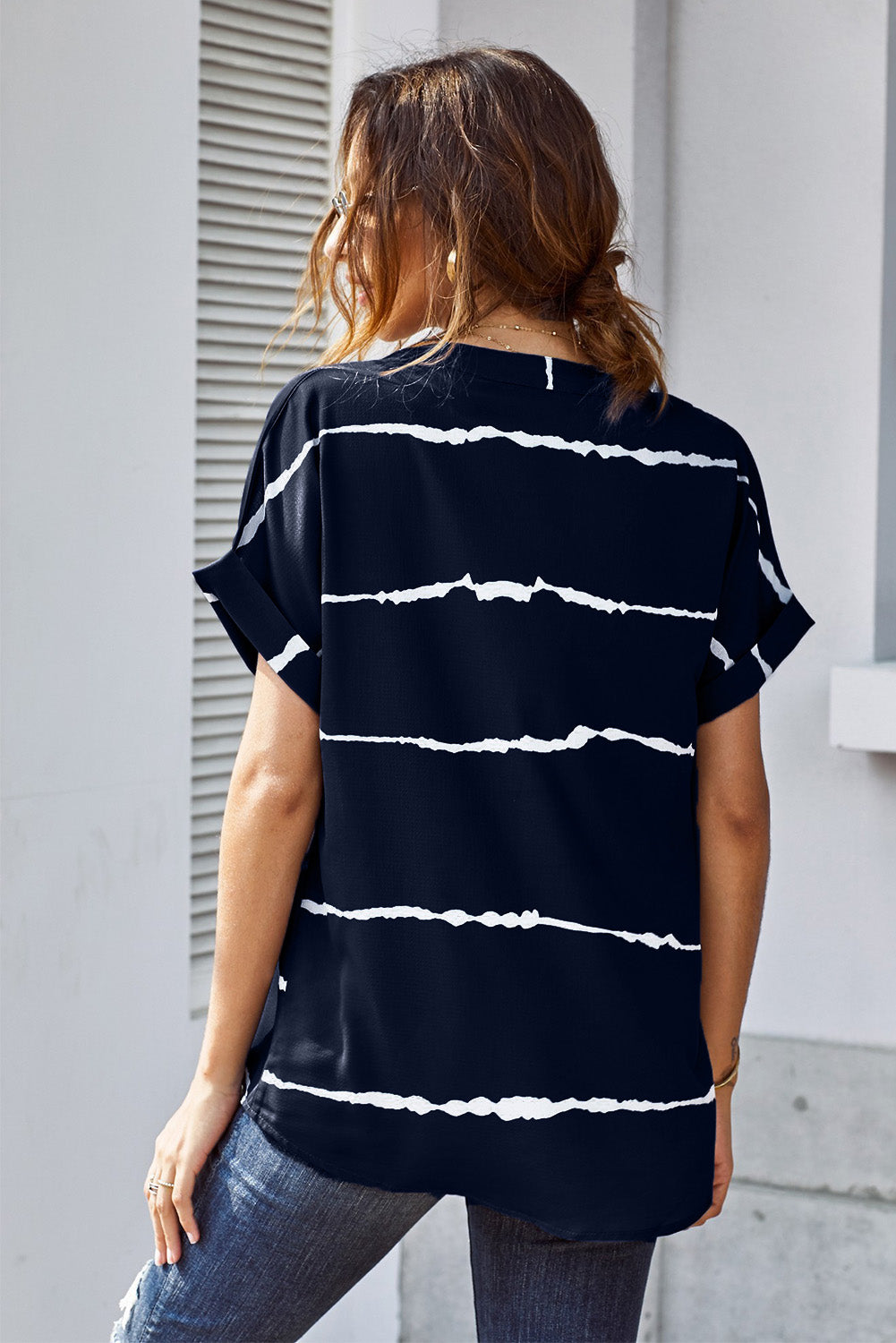 Navy Blue Striped Folded Short Sleeve Shirt
