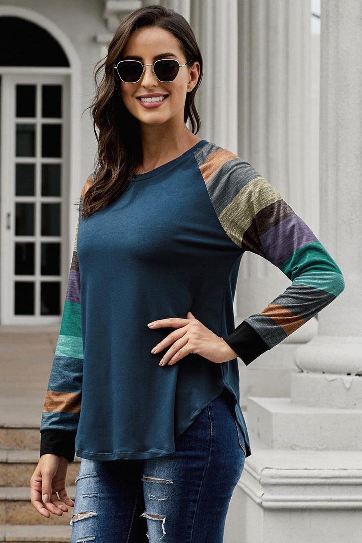 Navy Color Block Long Sleeves Pullover Top