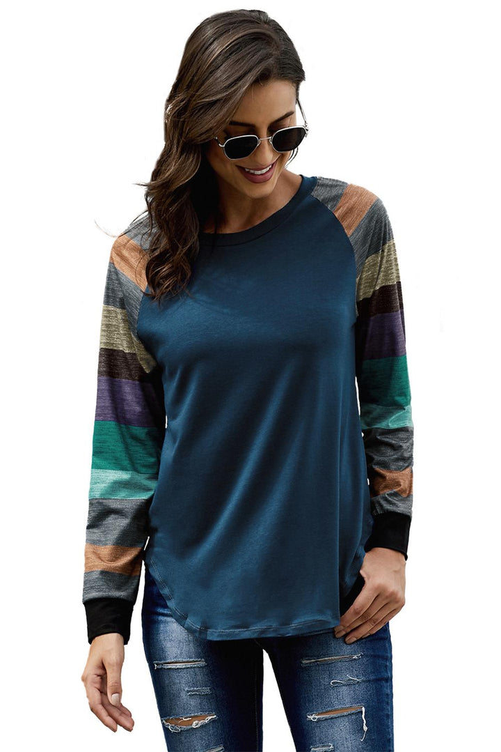 Navy Color Block Long Sleeves Pullover Top