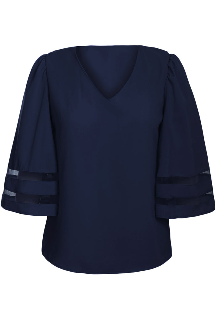 Navy Blue Flare Sleeve V Neck Loose Women's Chiffon Blouse