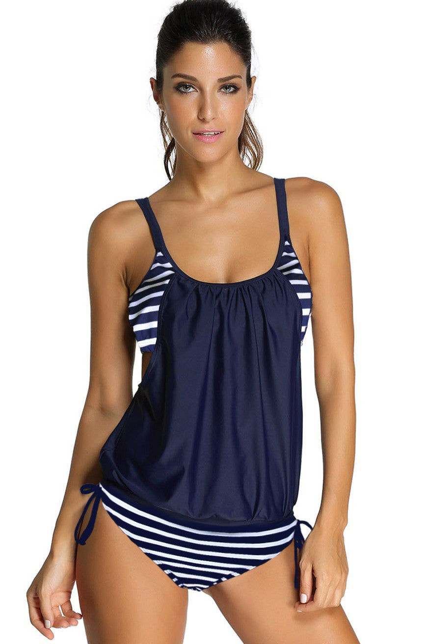 Navy Layered-Style Striped Two Piece Tankini Swimsuit