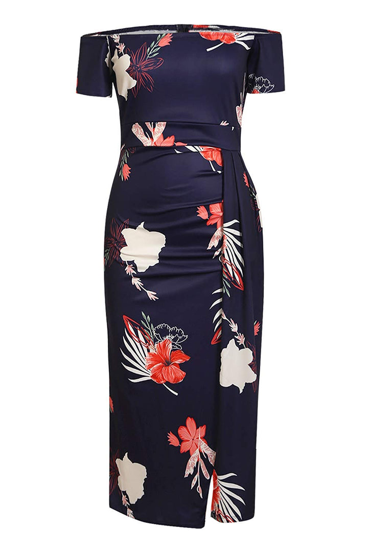 Navy Red Floral Print Short Sleeve Off Shoulder Midi Bodycon Dresses