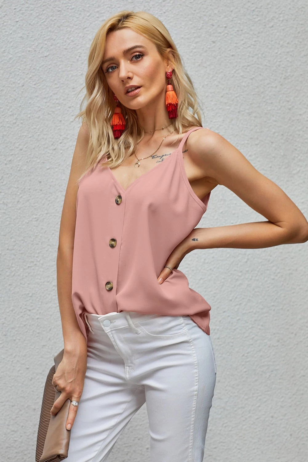 New Pink Spaghetti Strap Buttoned Tank Top