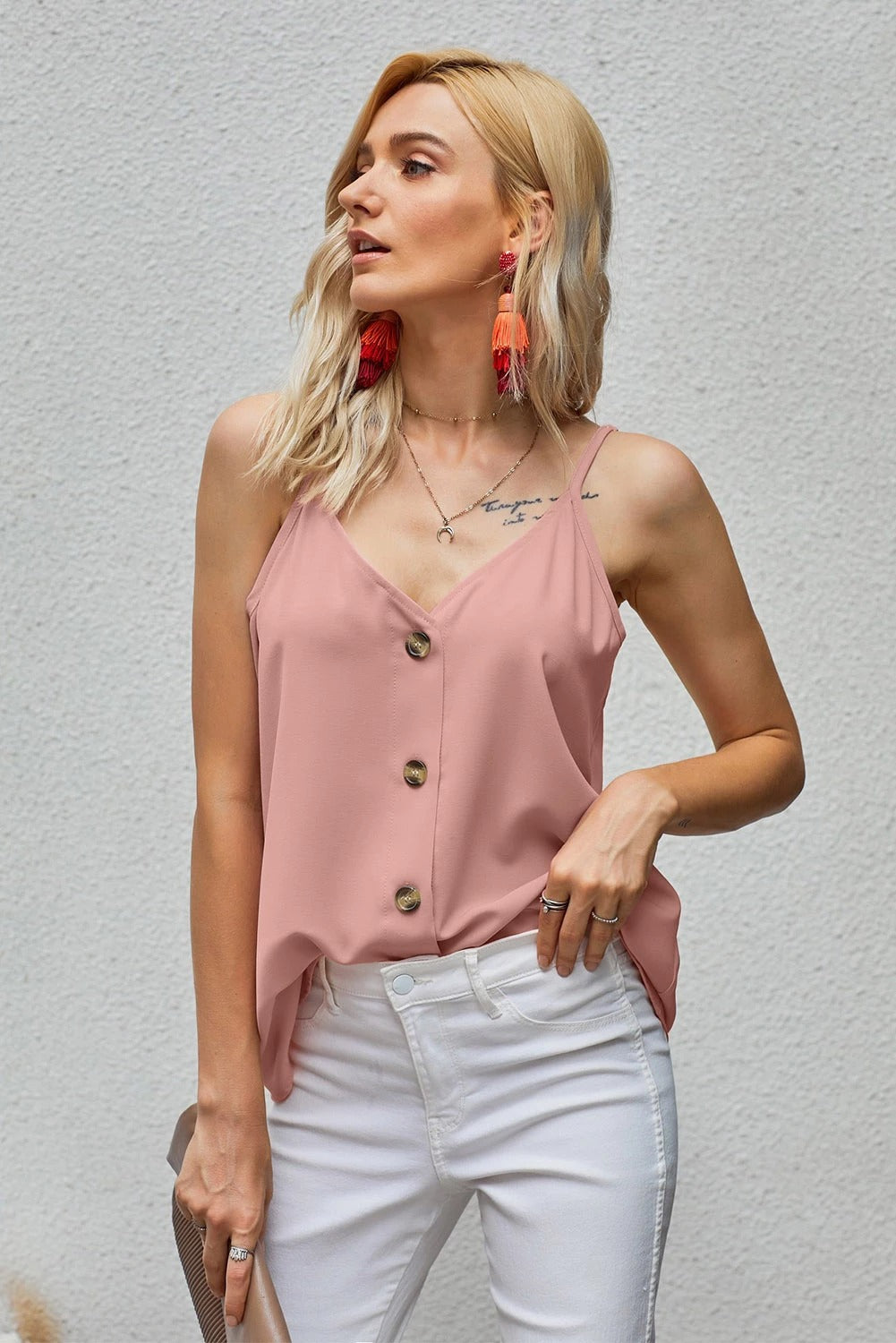 New Pink Spaghetti Strap Buttoned Tank Top