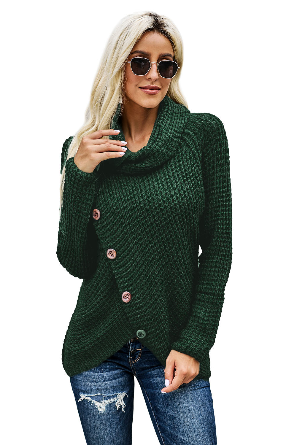 Olive Green Buttoned Wrap Turtleneck Sweater