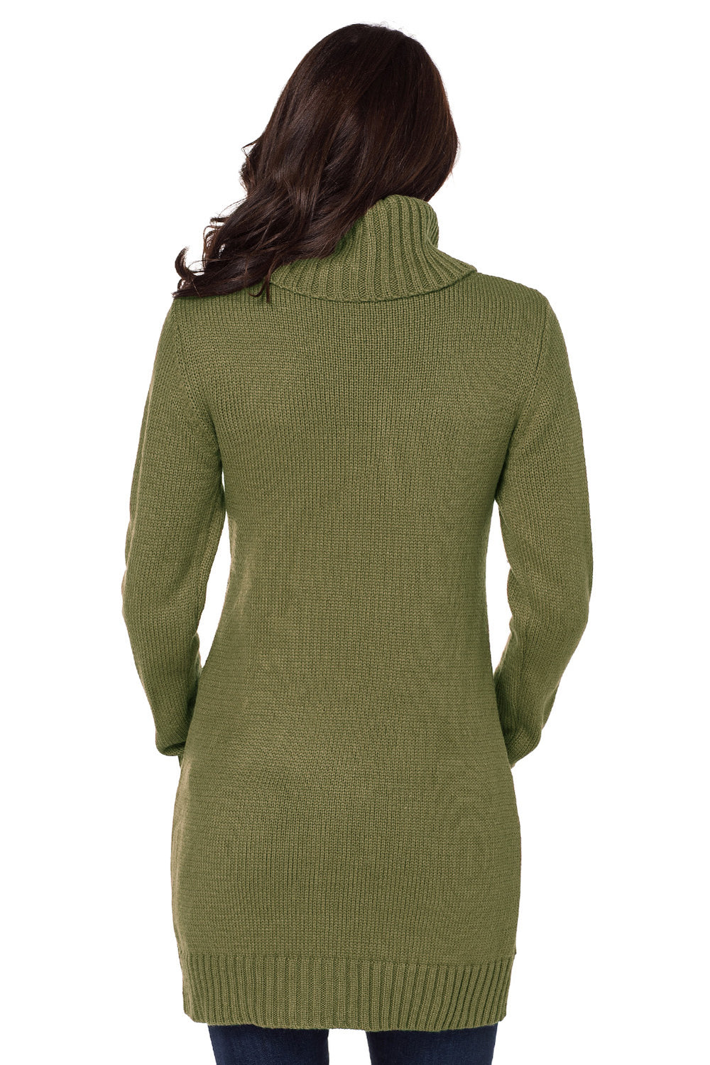  Olive Cowl Neck Pocket Cable Knit Sweater Dress