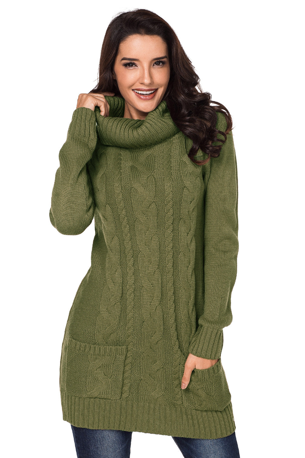  Olive Cowl Neck Pocket Cable Knit Sweater Dress