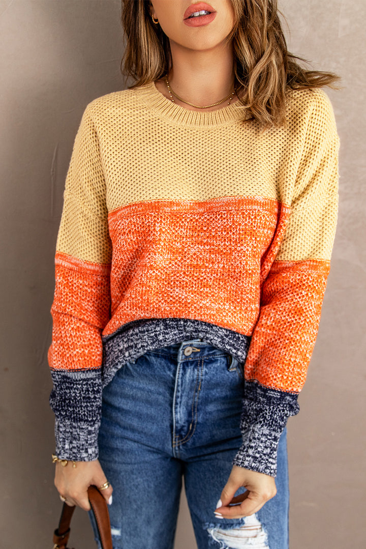 Orange Blue Color Block Netted Texture Pullover Sweater