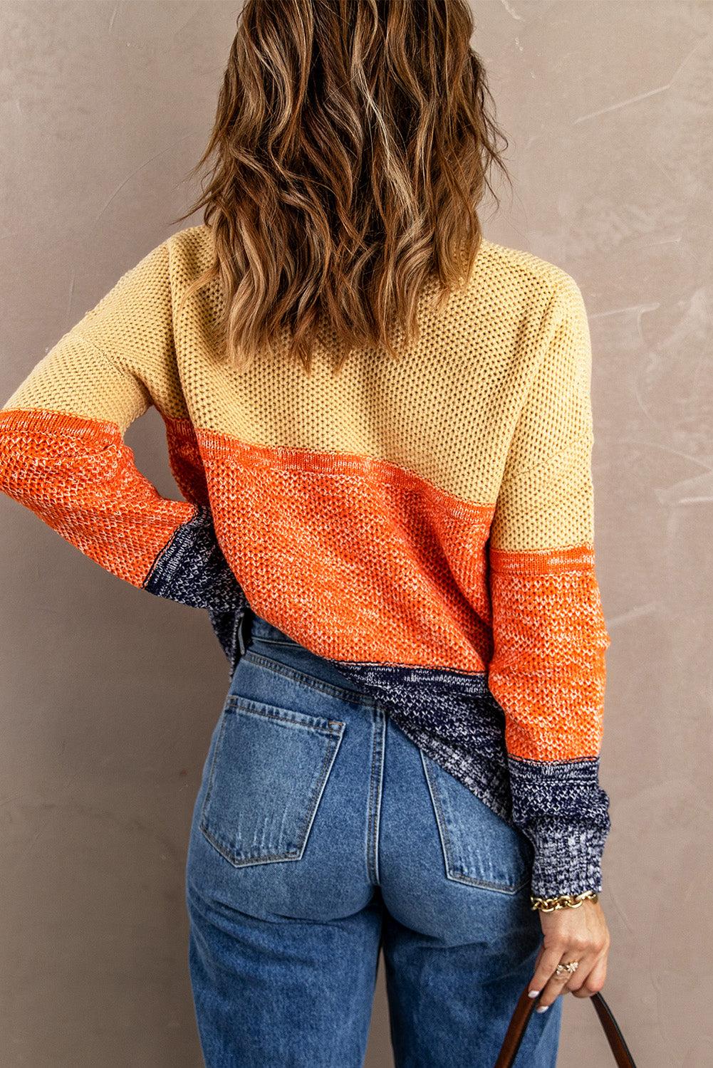 Orange Blue Color Block Netted Texture Pullover Sweater